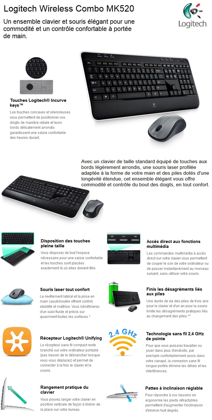 Clavier et souris Logitech Wireless Combo MK520 - QWERTY