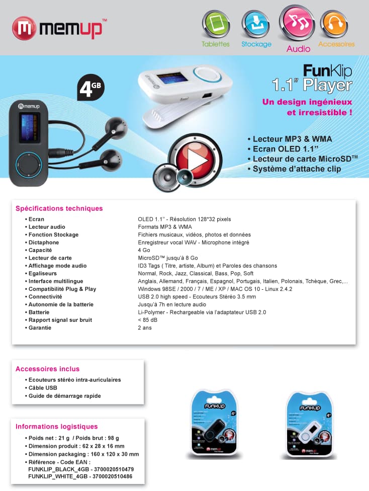 Lecteur MP3 Memup Funklip 4GB - écran 1,1"
