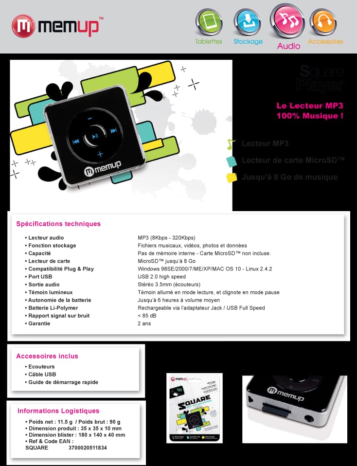 Lecteur MP3 Memup SQUARE avec lecteur MicroSD