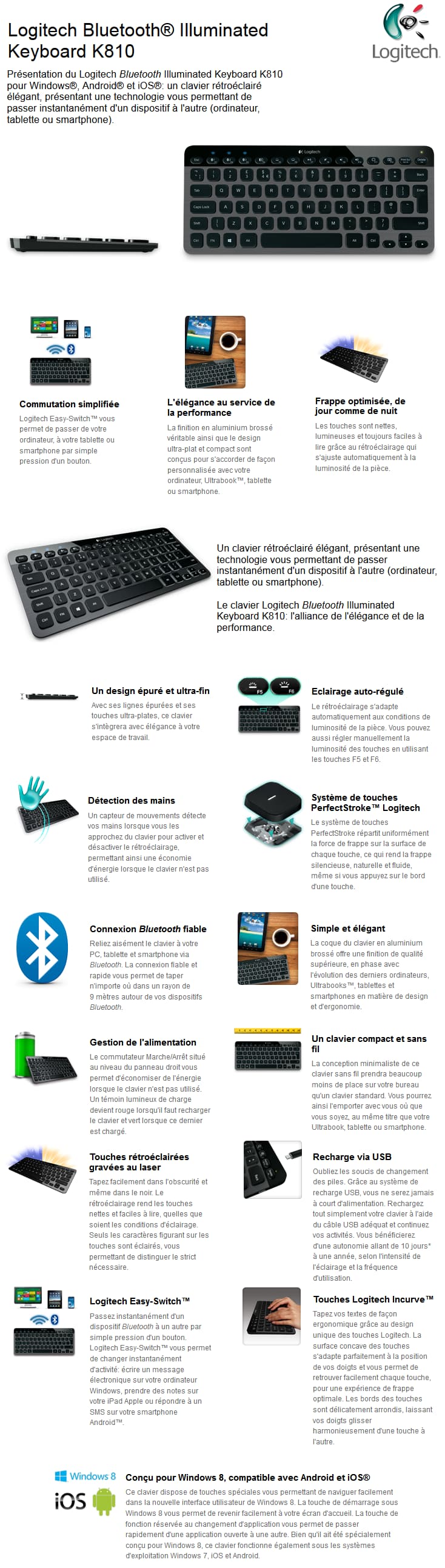 Logitech Bluetooth illuminated keyboard K810 - Clavier avec rétro-éclairage sans fil  (AZERTY Français)