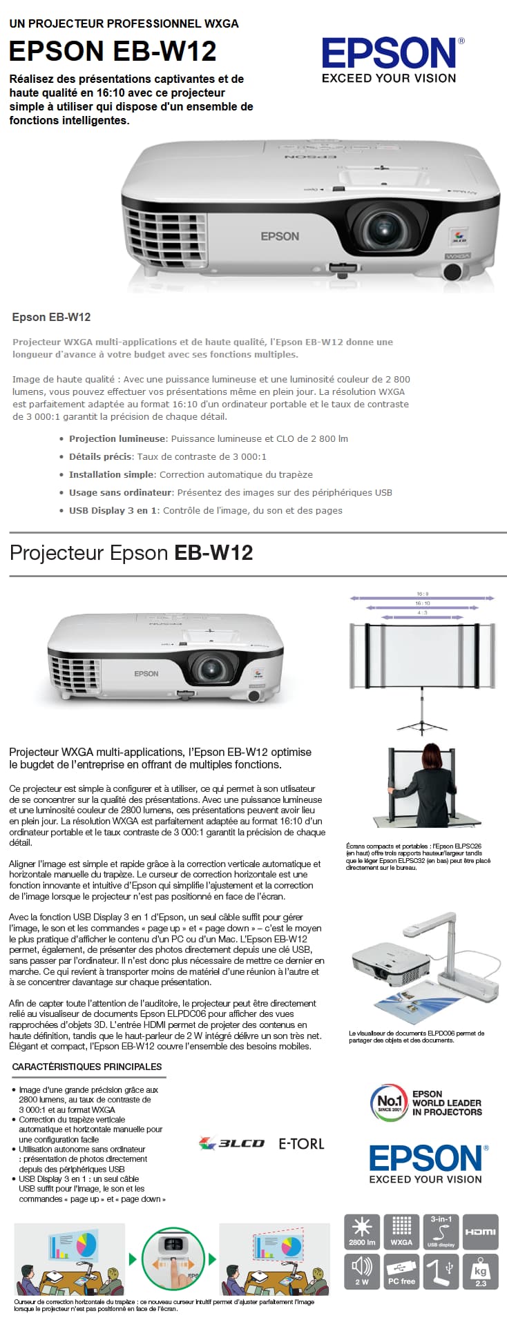 Vidéoprojecteur Epson EB-W12 LCD WXGA 2800 Lumens