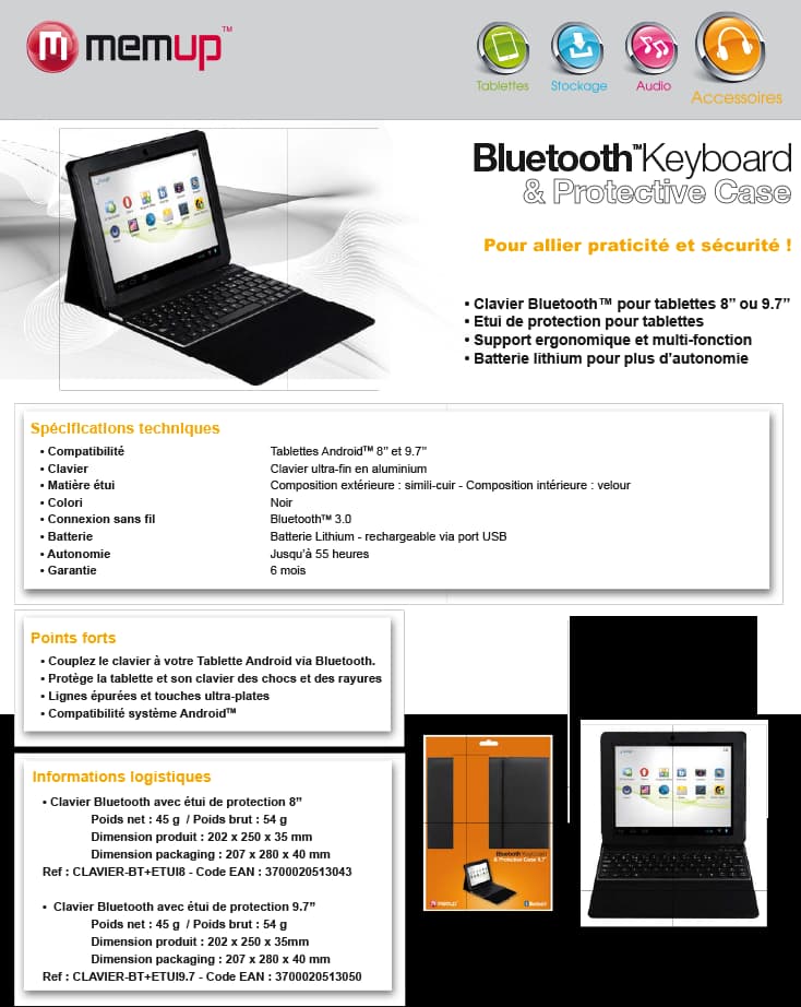 Etui de protection avec Clavier Bluetooth aluminium pour tablette