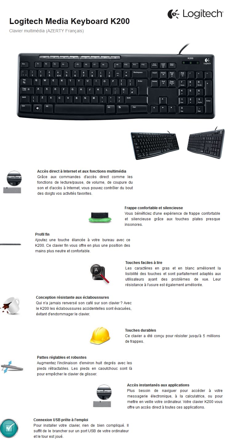Clavier Logitech Media Keyboard K200 - AZERTY