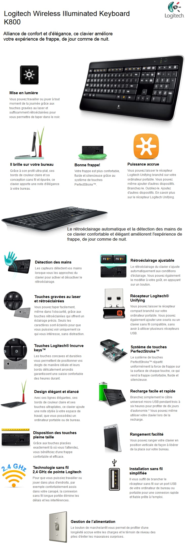 Logitech Wireless Illuminated Keyboard K800 - Clavier avec rétro-éclairage sans fil (AZERTY Francais)