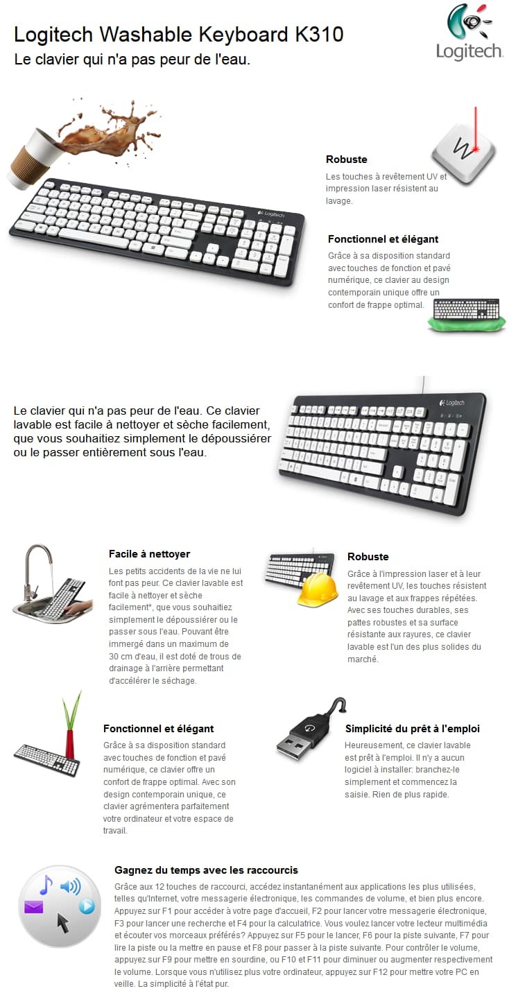 Logitech Washable Keyboard K310 - Clavier filaire lavable (AZERTY, Français)