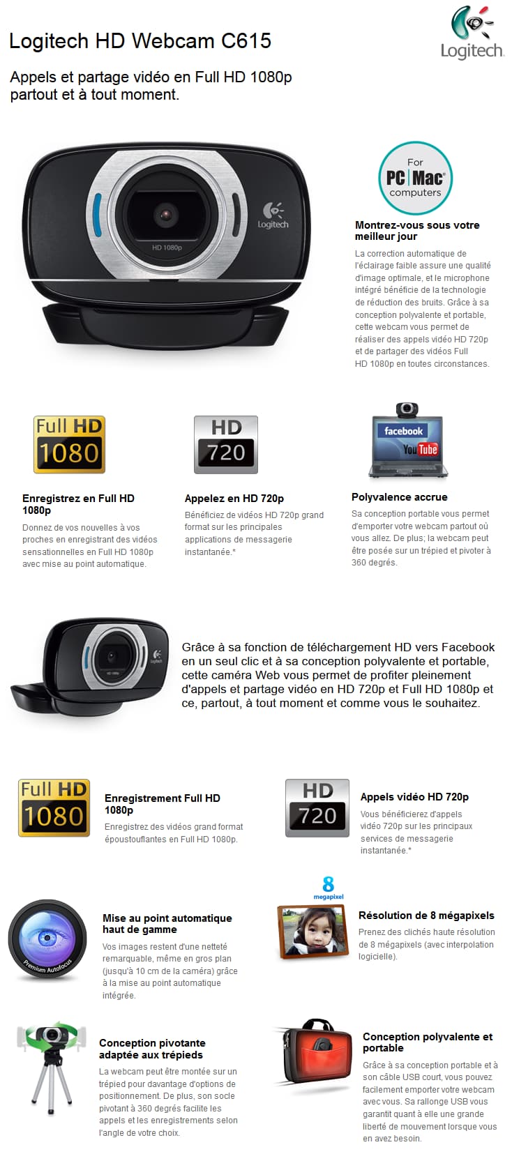 Logitech HD Webcam C615 - Fulll HD 1080p avec reconnaissance faciale
