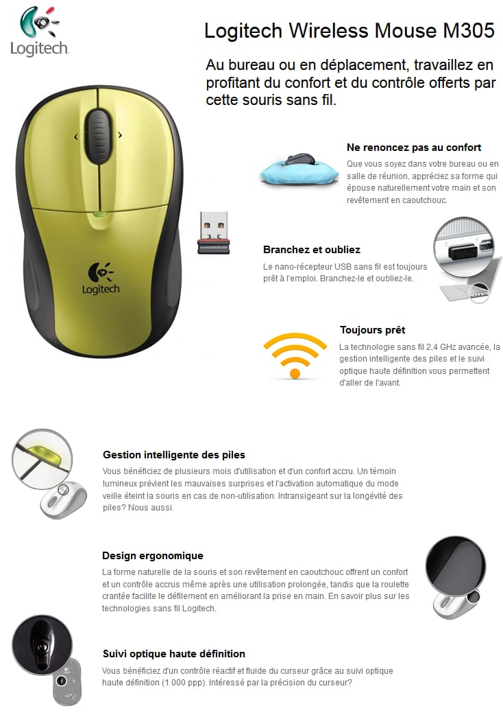 Souris Logitech sans fil M305 (Citron Yellow)
