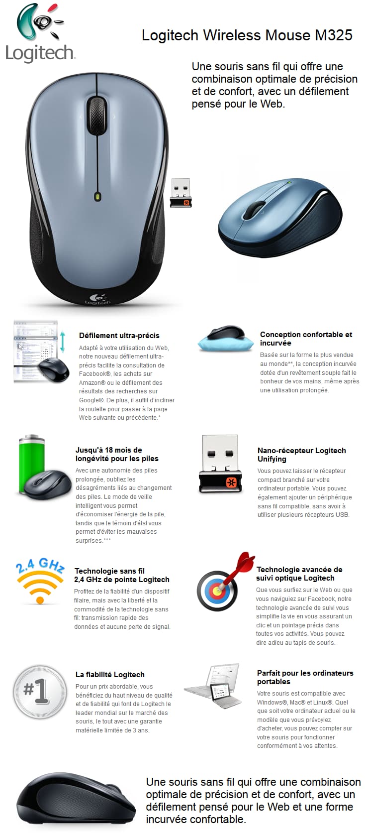 Souris Logitech Wireless Mouse M325 - Argent
