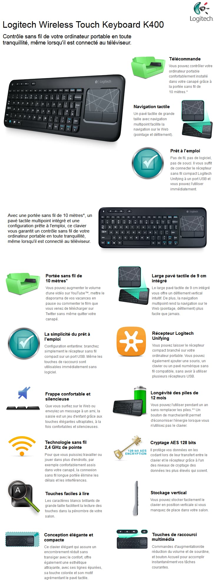 Logitech Wireless Touch Keyboard k400 - Clavier sans fil avec pavé tactile intégré (AZERTY Français) 