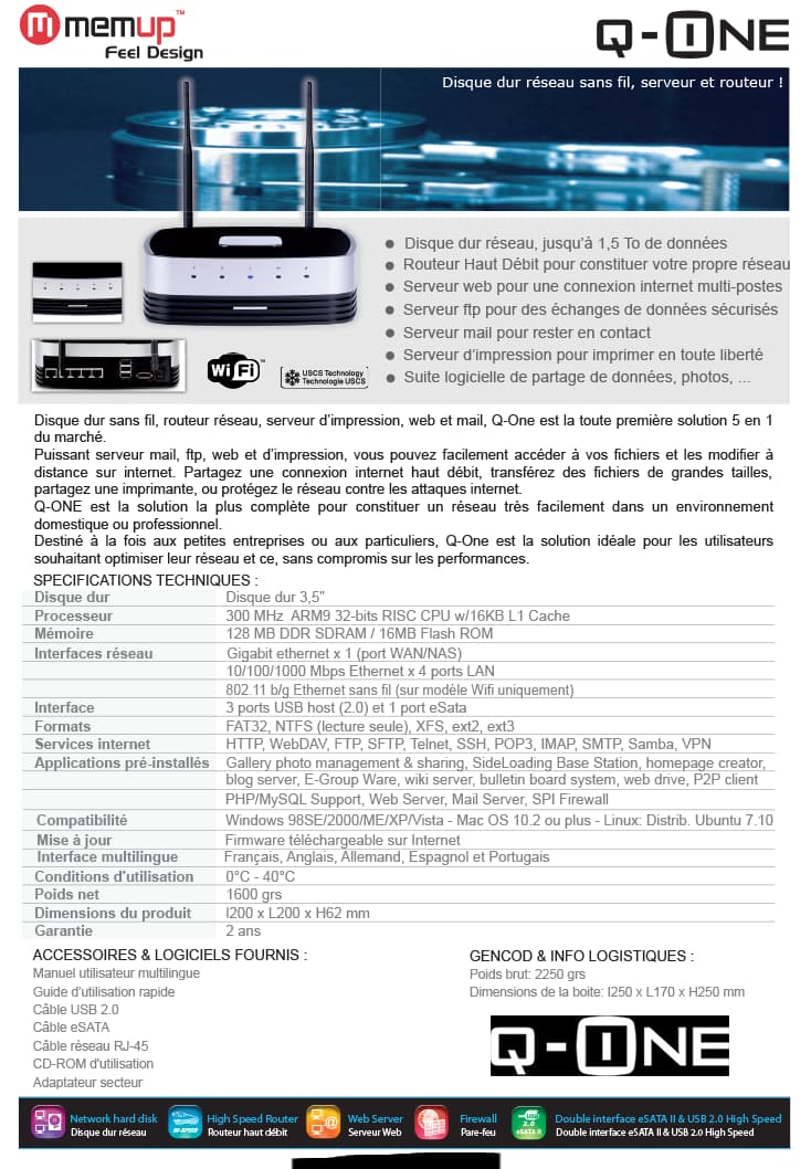 Memup Q-ONE Disque dur réseau sans fil, serveur et routeur