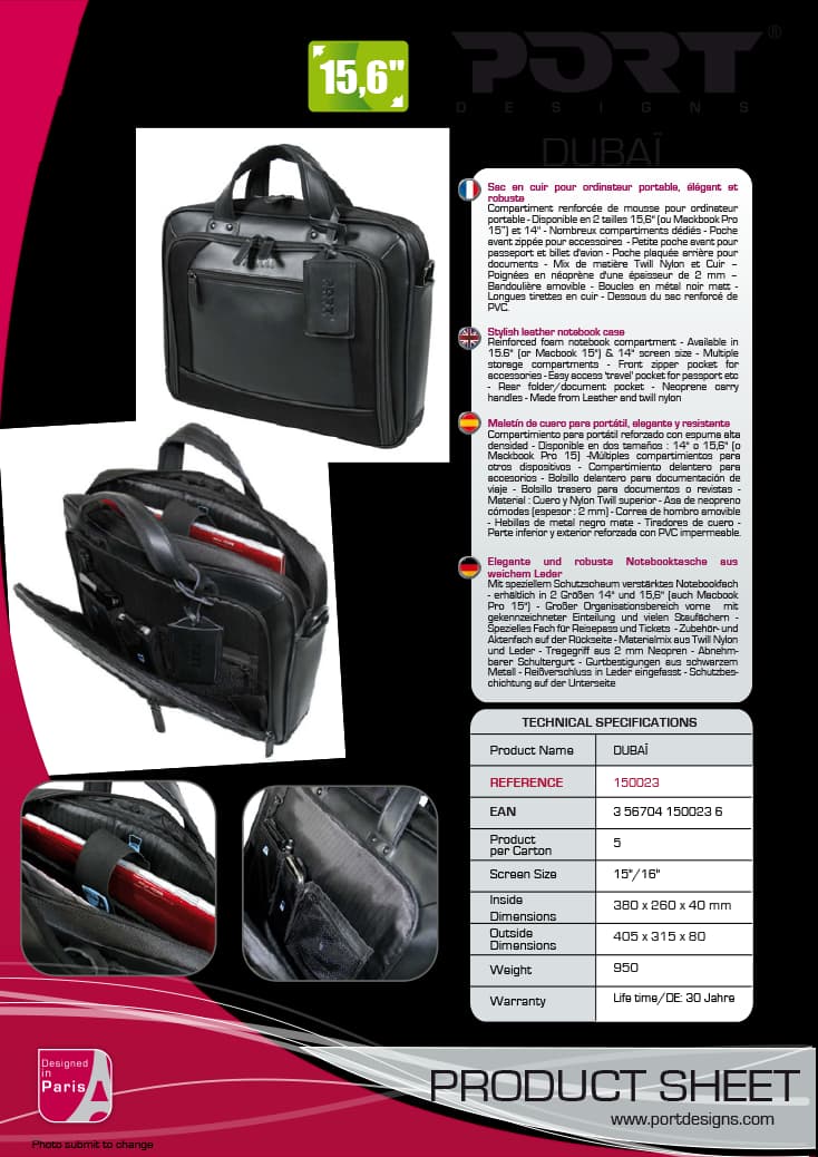 Sac en cuir pour ordinateur portable DUBAI 15,6" - Port Designs (150023)