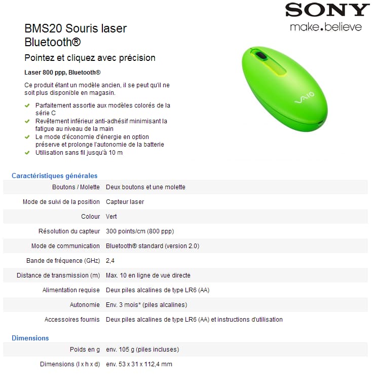 Souris laser Bluetooth Sony BMS20
