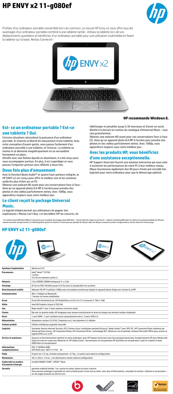 Tablette Convertible HP Envy X2 11-G080ef
