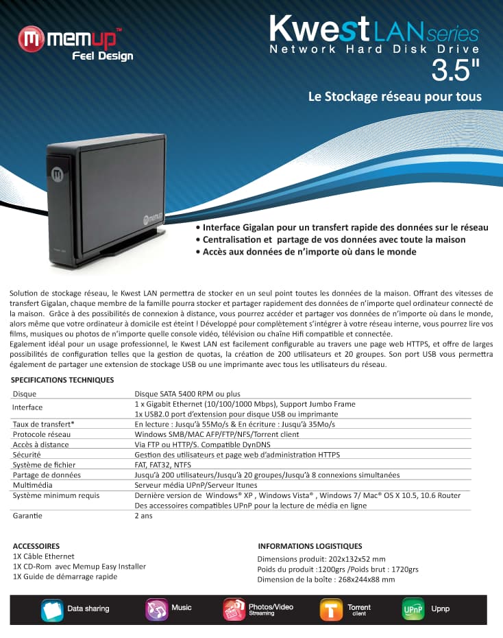 Disque dur réseau Memup Kwest LAN - Gigalan