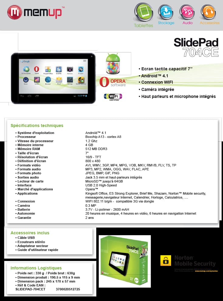 Tablette Memup SLIDEPAD 704CET 7" capacitif - 4 GB WiFi