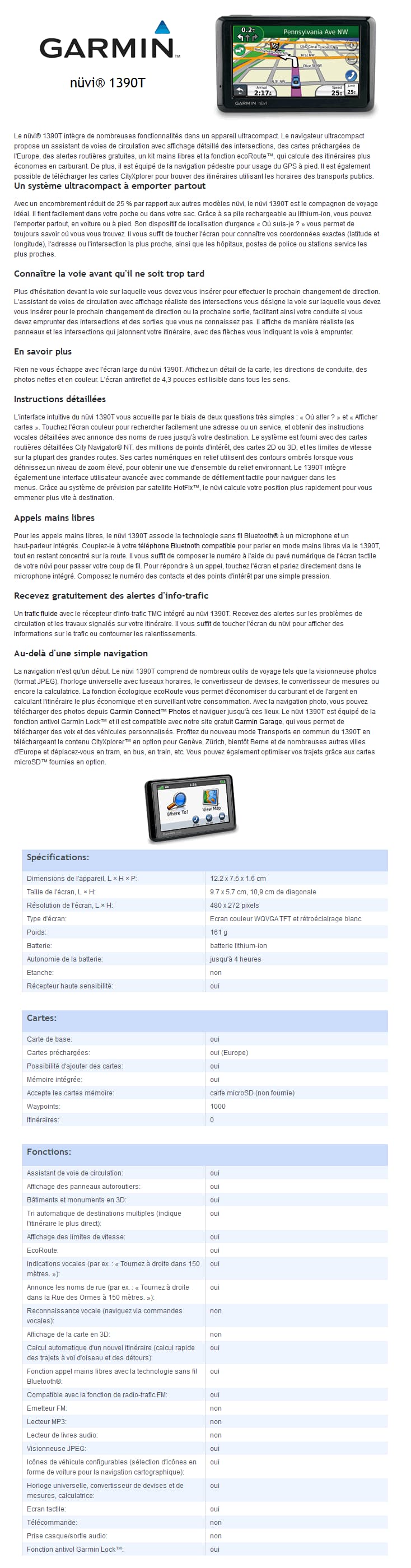 GPS Garmin nüvi 1390T Maroc+Europe - 4,3" tactile/BlueTooth