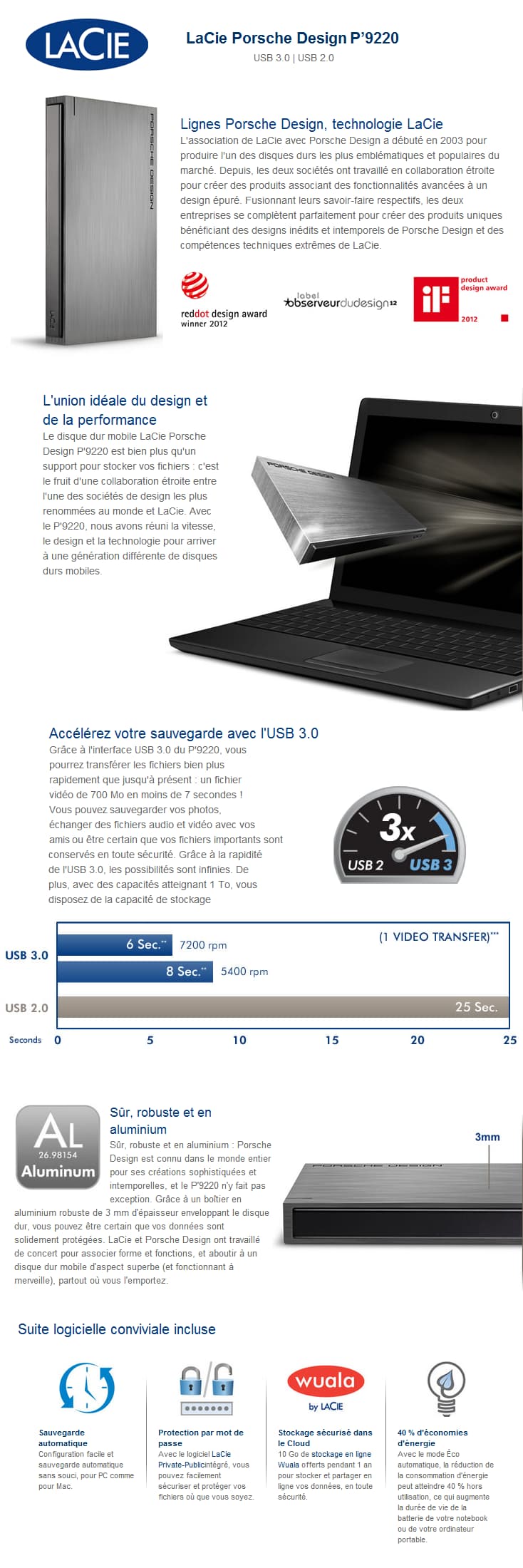 Disque dur portable LaCie Porsche Design P'9220 - USB 3.0/2.0 - 2,5"
