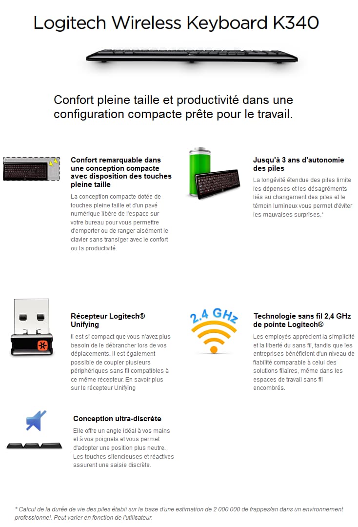 Clavier Logitech Wireless Keyboard K340 - AZERTY