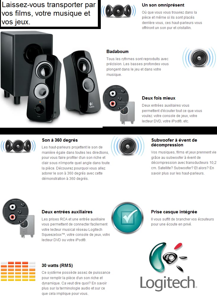 Haut-parleurs Logitech Z323 son à 360° - stéréo 2.1 RMS - 30 Watts - Jack 3,5mm