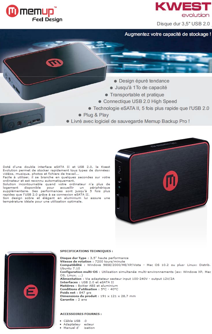 Disque dur 3,5" Memup KWEST evolution 1TB USB 2.0 et eSATA II