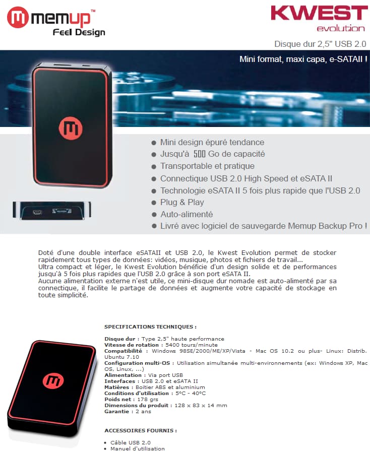 Disque dur 2,5" Memup KWEST evolution eSATA II & USB