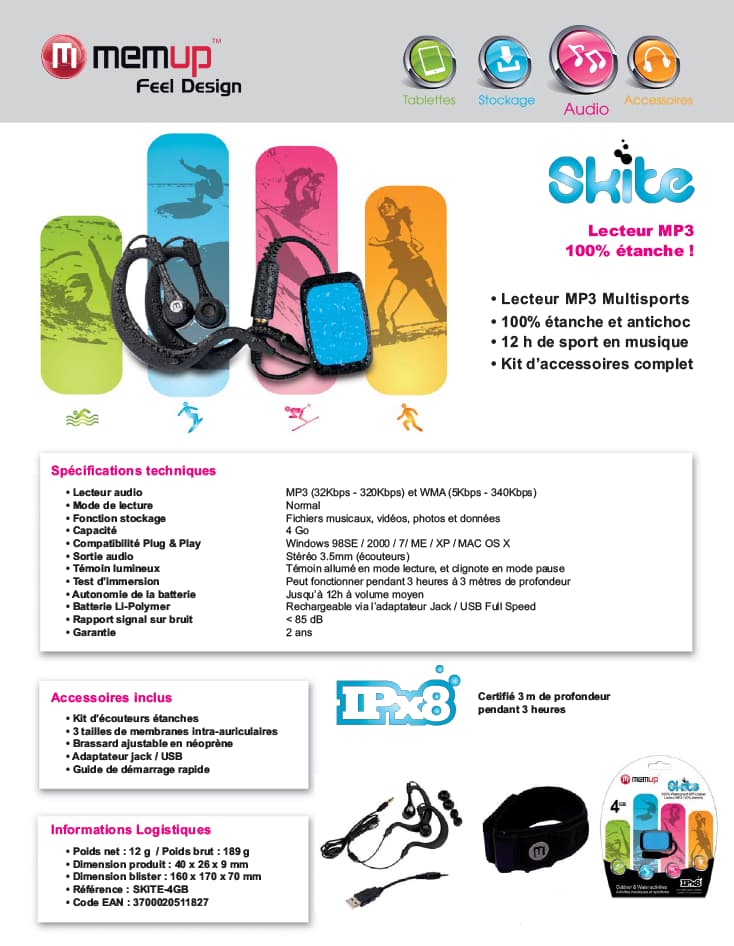 Lecteur MP3 étanche Memup Skite 4 GB