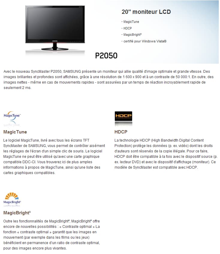 Moniteur LCD Samsung P2050 - 20 pouces/2 ms