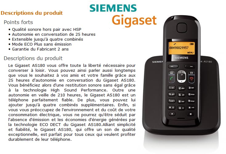 Siemens Gigaset AS180 noir - Téléphone fixe sans fil