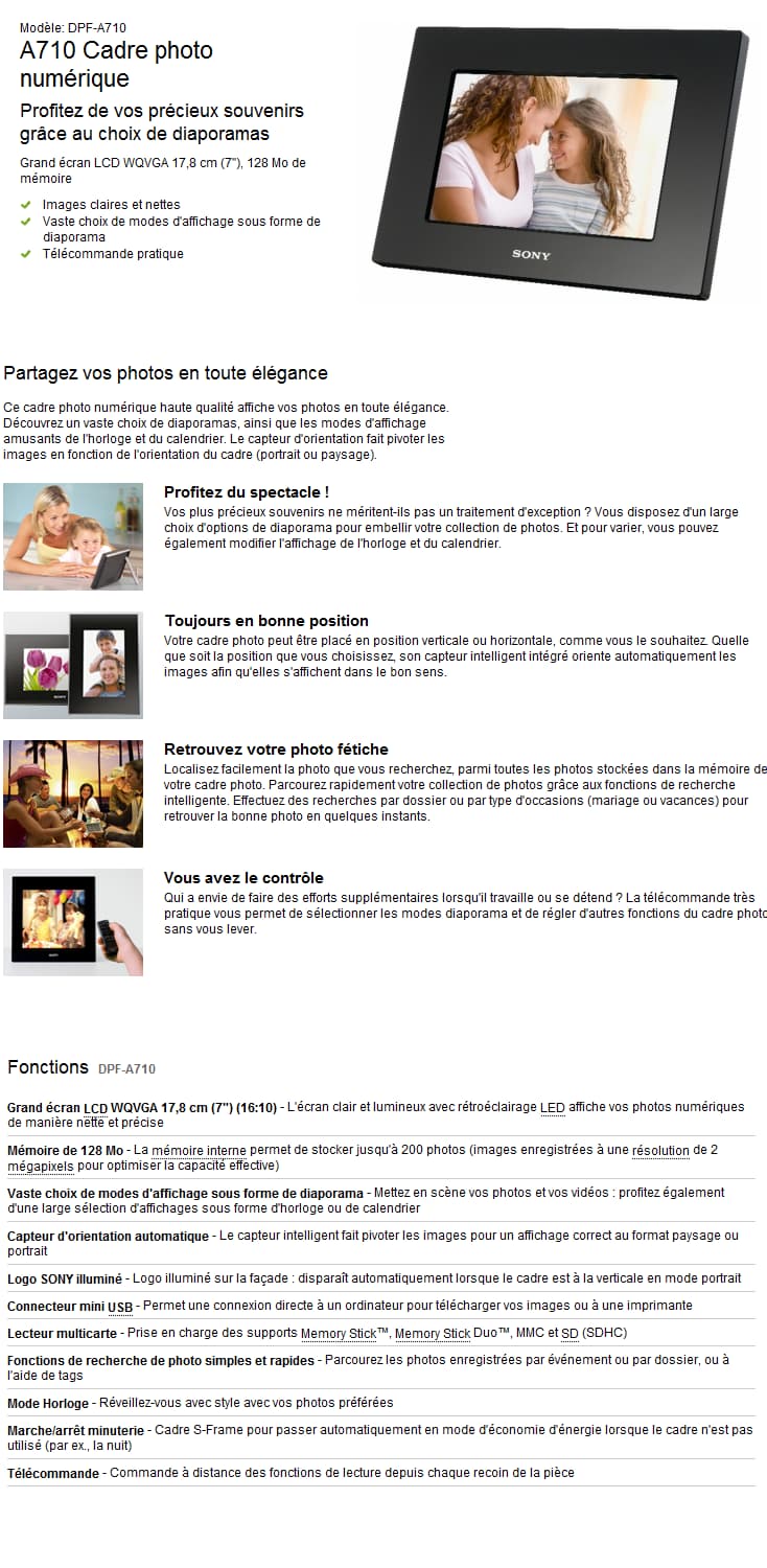 Cadre photo numérique Sony DPF-A710 - écran LCD 7"