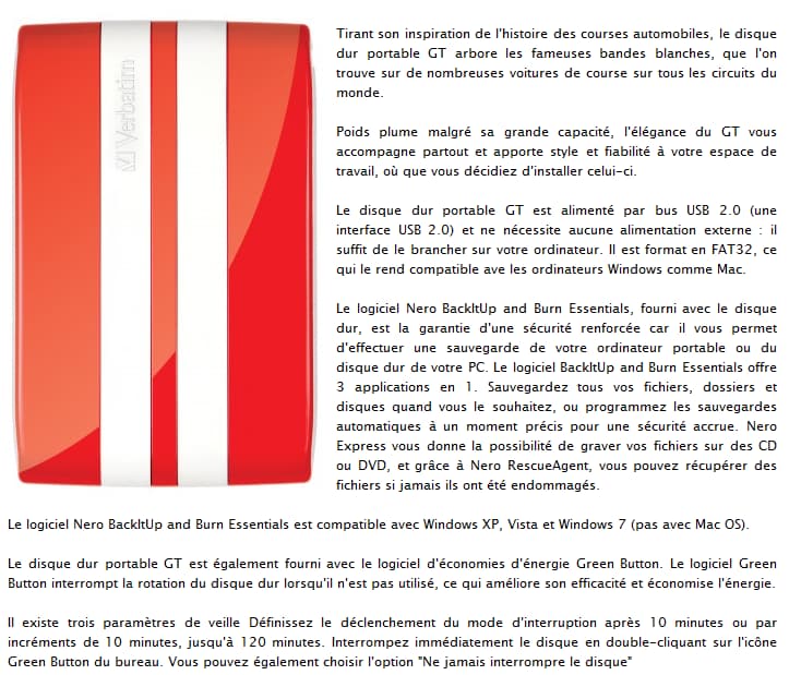 Disque dur portable Verbatim version GT 500 GB