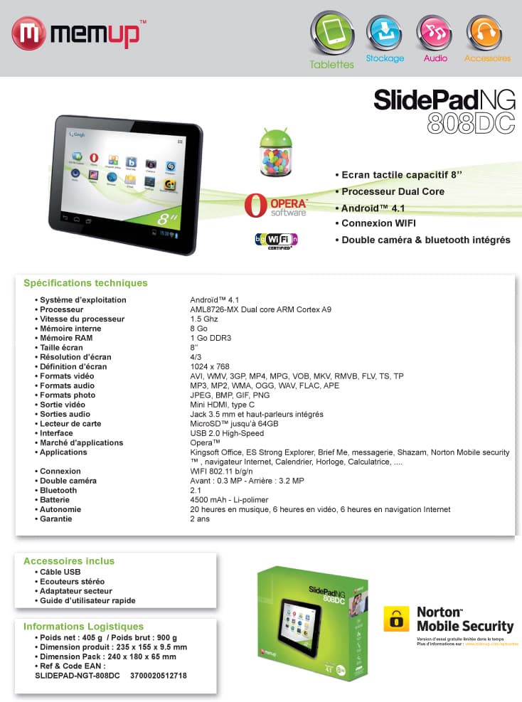 Tablette Memup SLIDEPAD NGT 808DC 8" capacitif - 8 GB