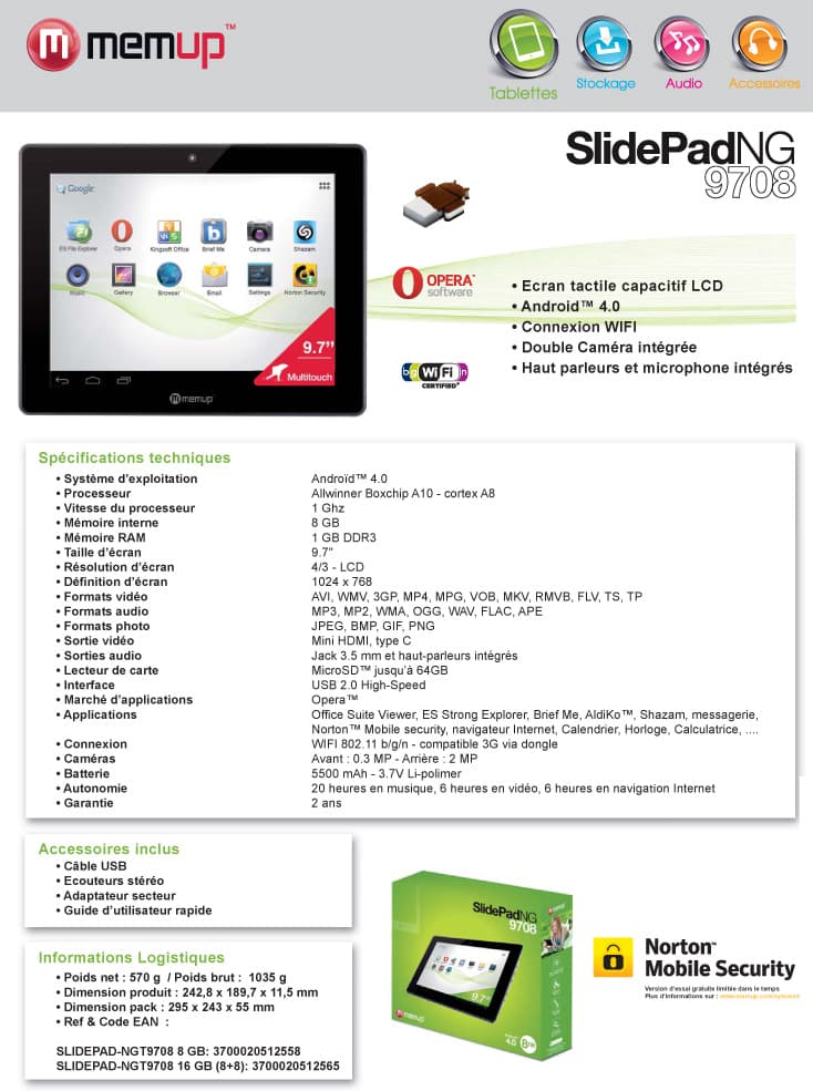Tablette Memup SLIDEPAD NG 9708 9,7'' Capacitif - 8 GB