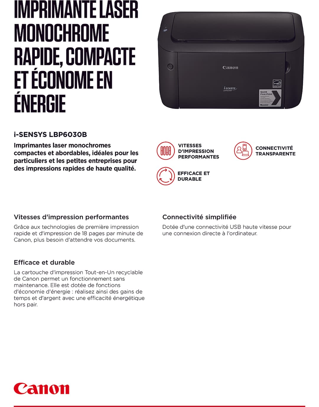 Imprimante Laser Monochrome Canon i-SENSYS LBP6030B SFP + 2 Cartouches de toner 725 (8468B042AA)