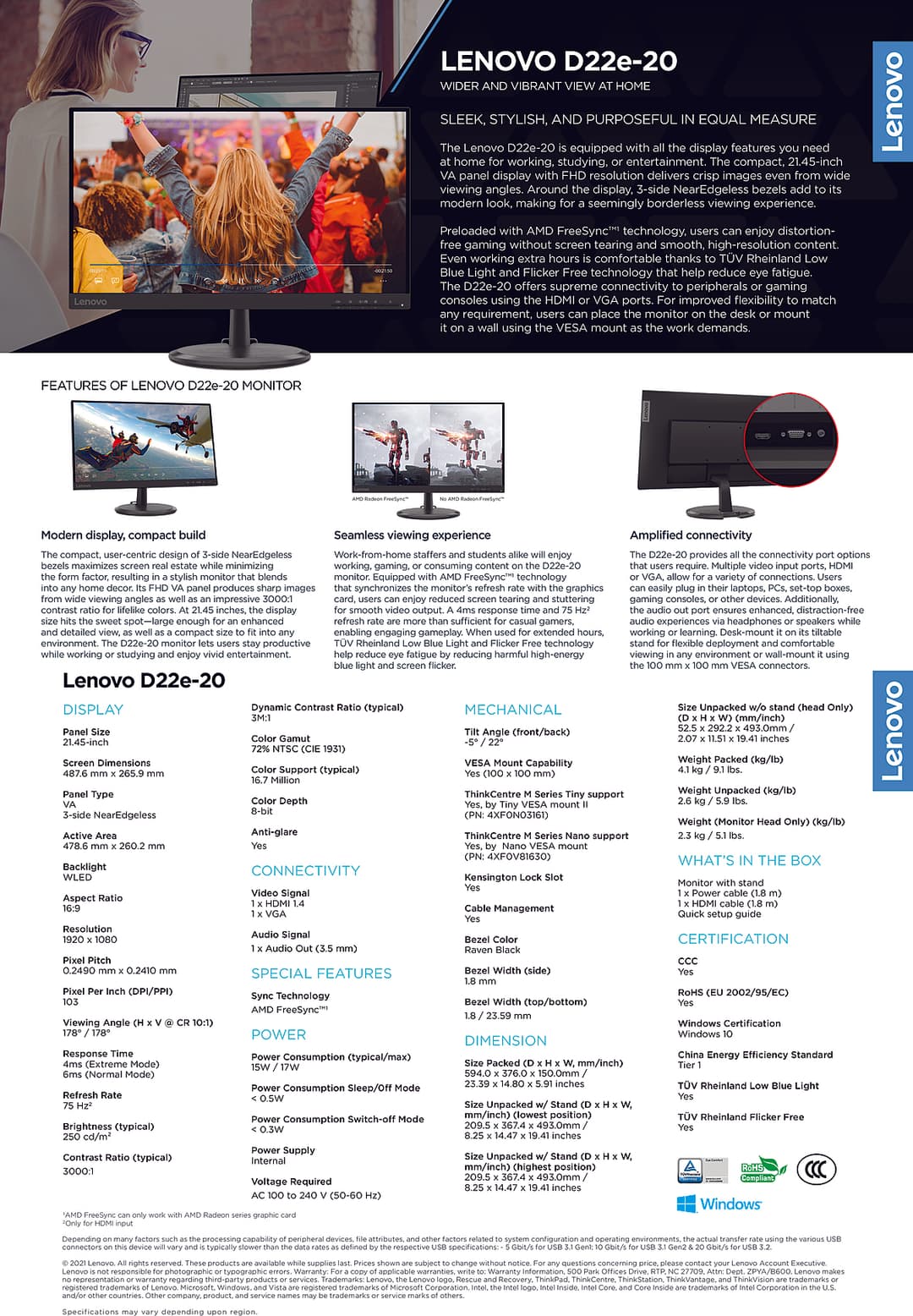 Écran 21,45" Full HD Lenovo D22e-20 (66D2KAC6EU)