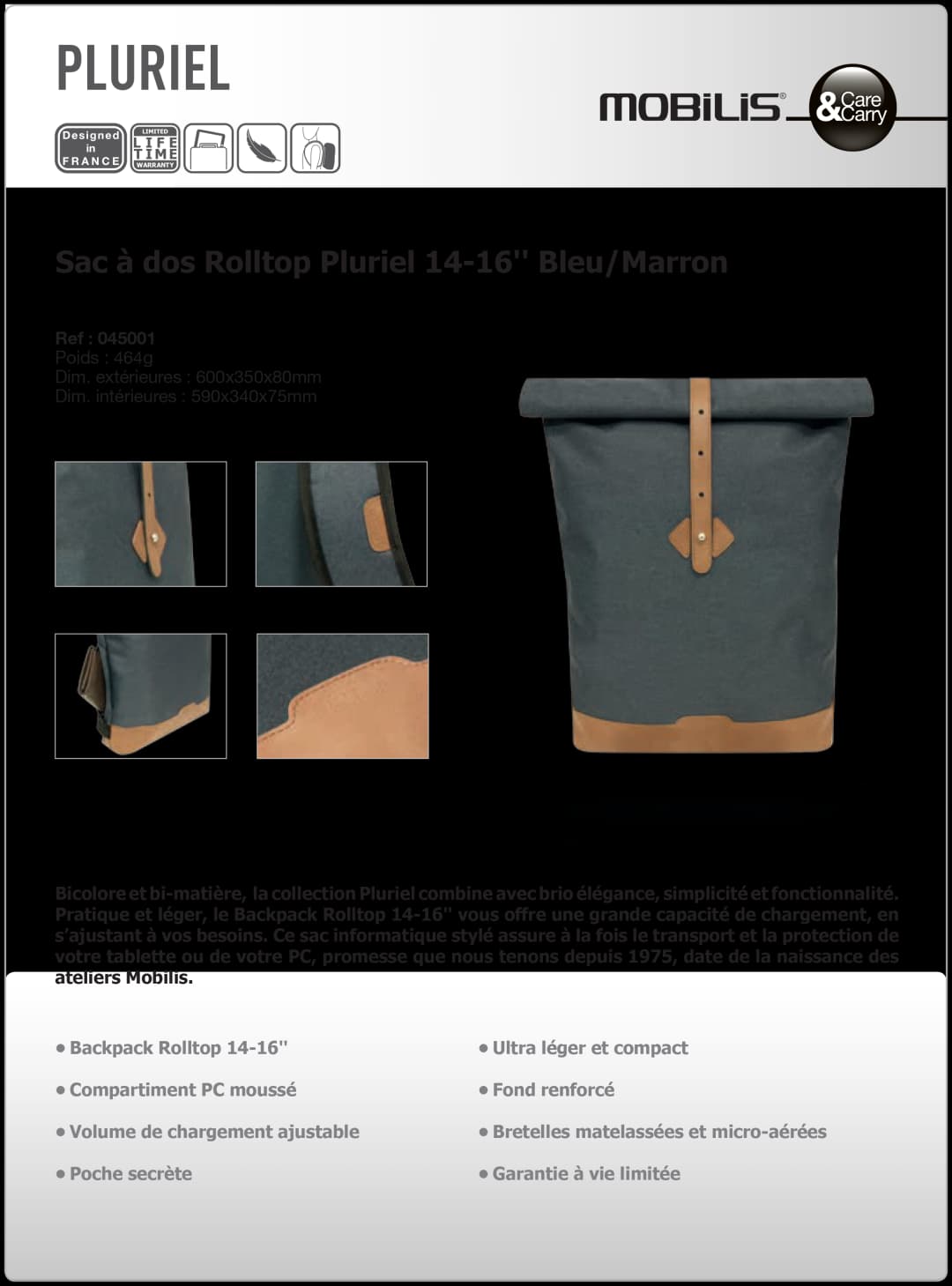 Sac à dos Mobilis Pluriel Rolltop 14-16’’ pour ordinateurs portables