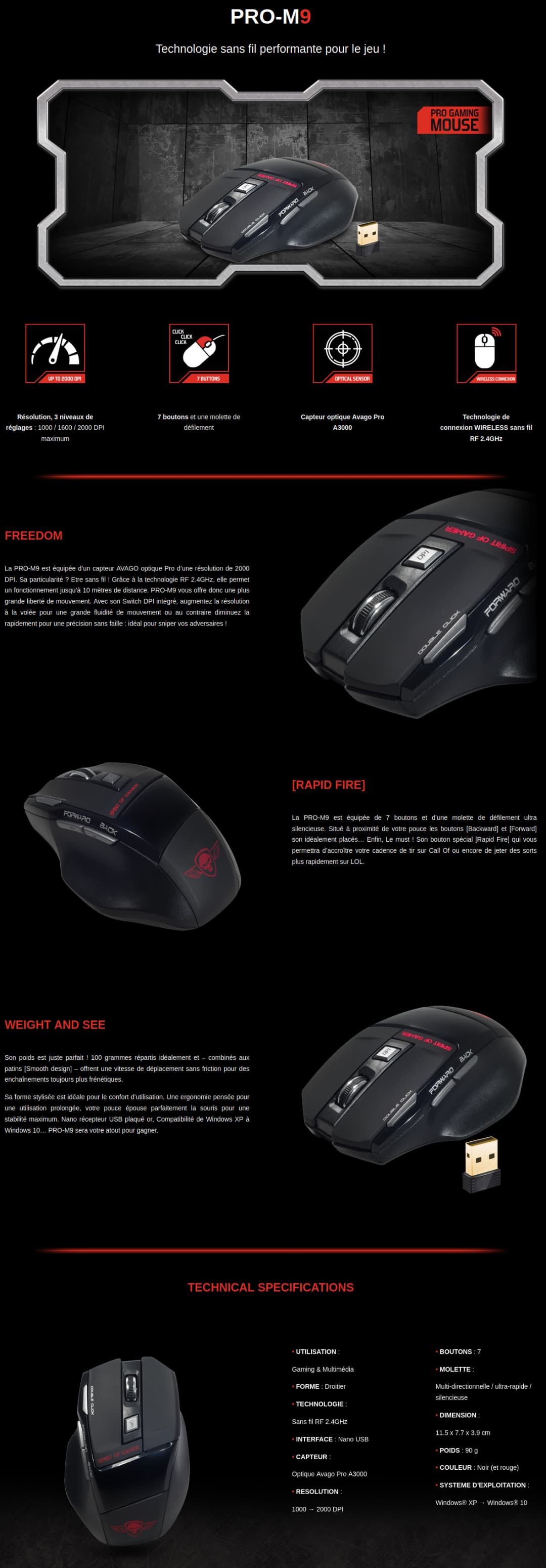 Souris de jeu SpiritOfGamer Pro-M9 - 2000 DPI - Sans fil (S-G929RF)