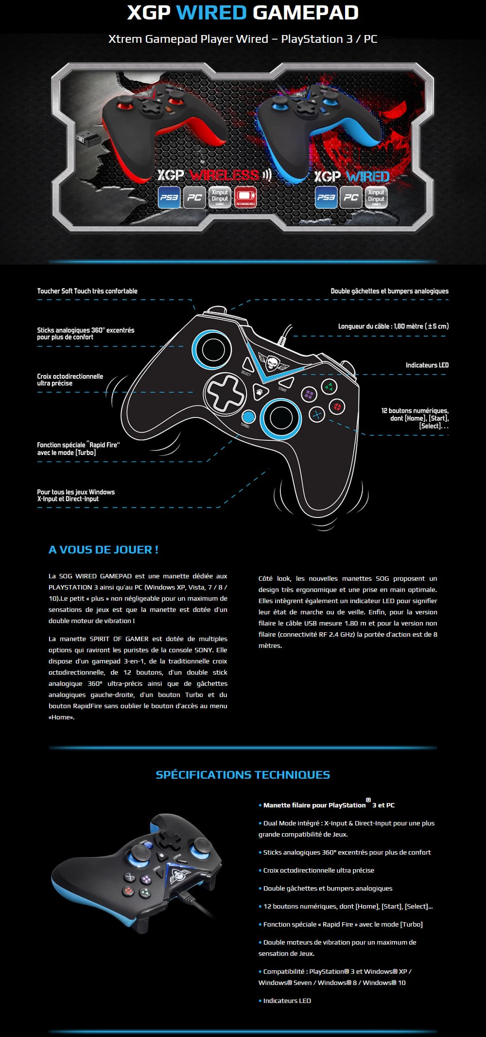 Manette de Jeu SpiritOfGamer XGP Wired pour Playstation 3 / PC (SOG-WXGP)