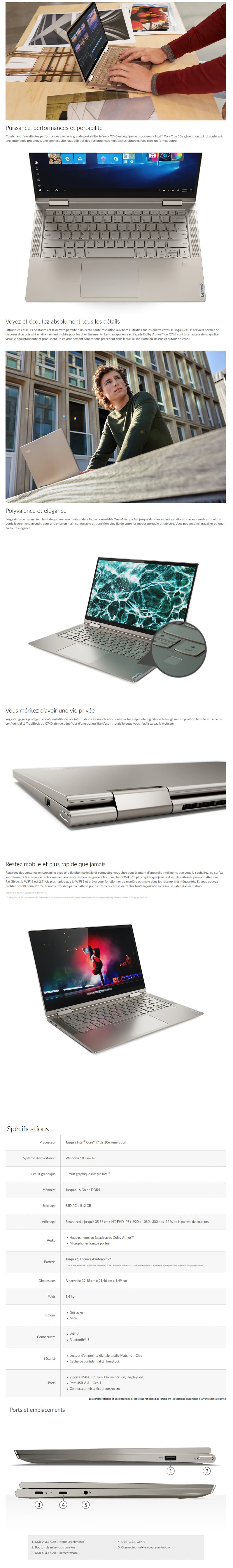 Ordinateur Portable Convertible Lenovo Yoga C740-14IML (81TC00A7FE)