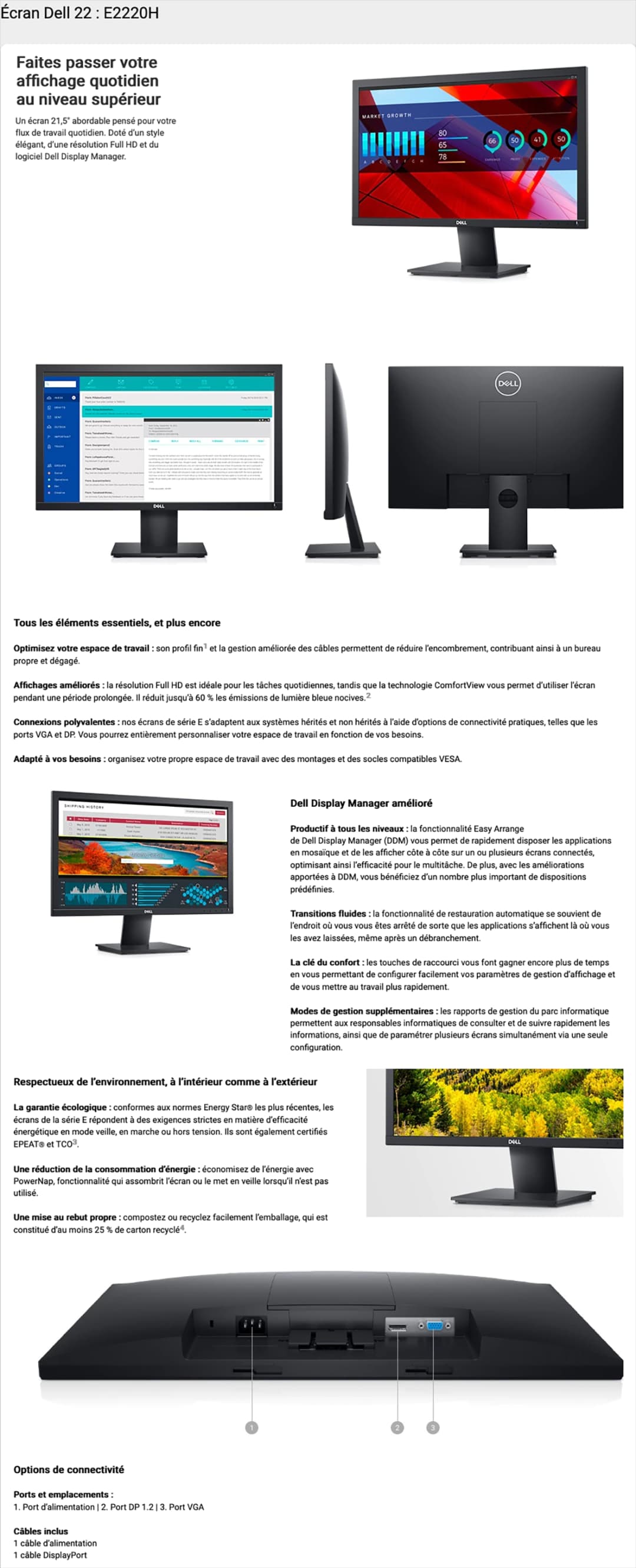 Écran 21,5" Full HD Dell E2220H - Garantie 3 ans (E2220H-3Y)