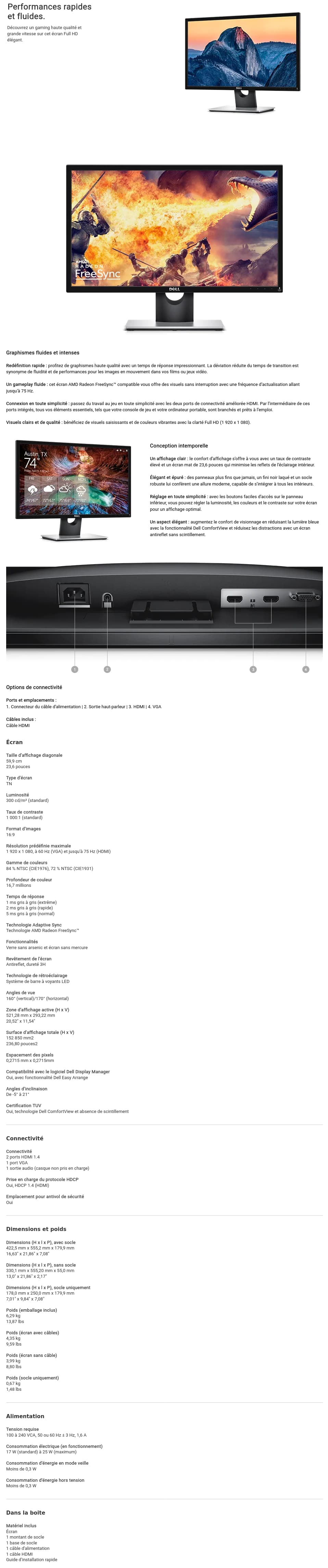 Écran Gaming 23,6" Full HD Dell 24 SE2417HGX - temps de réponse 1ms (SE2417HGX-3Y)
