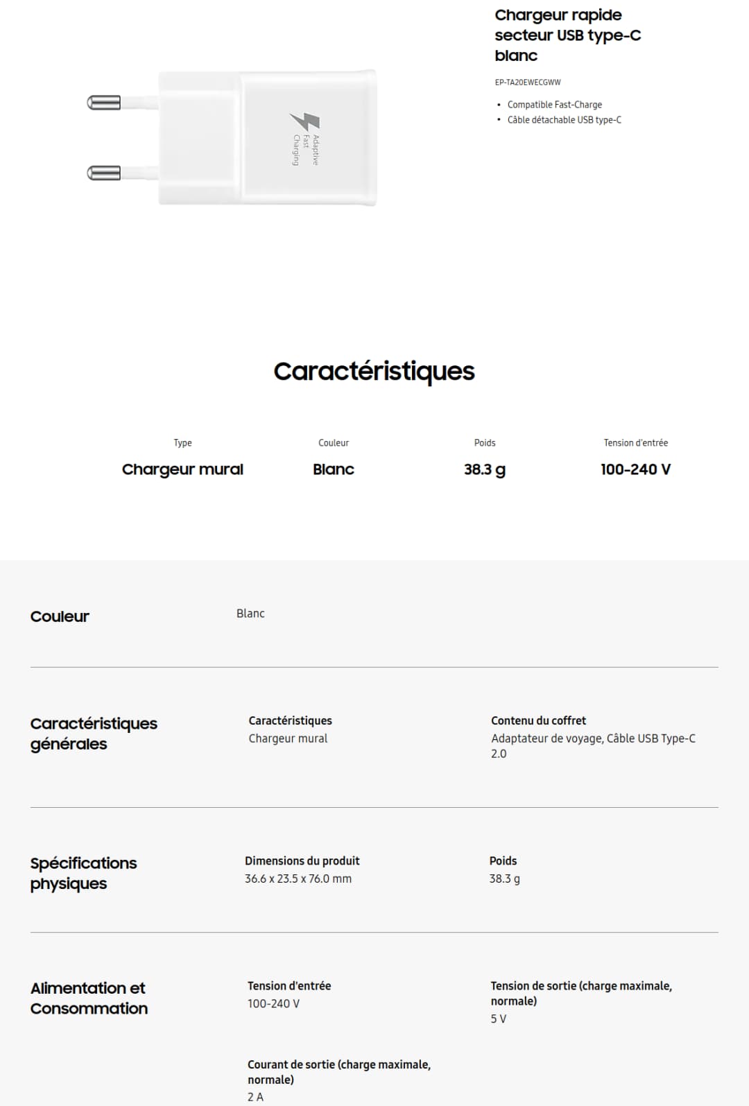 Chargeur Samsung rapide secteur USB type-C (EP-TA20EWECGWW)