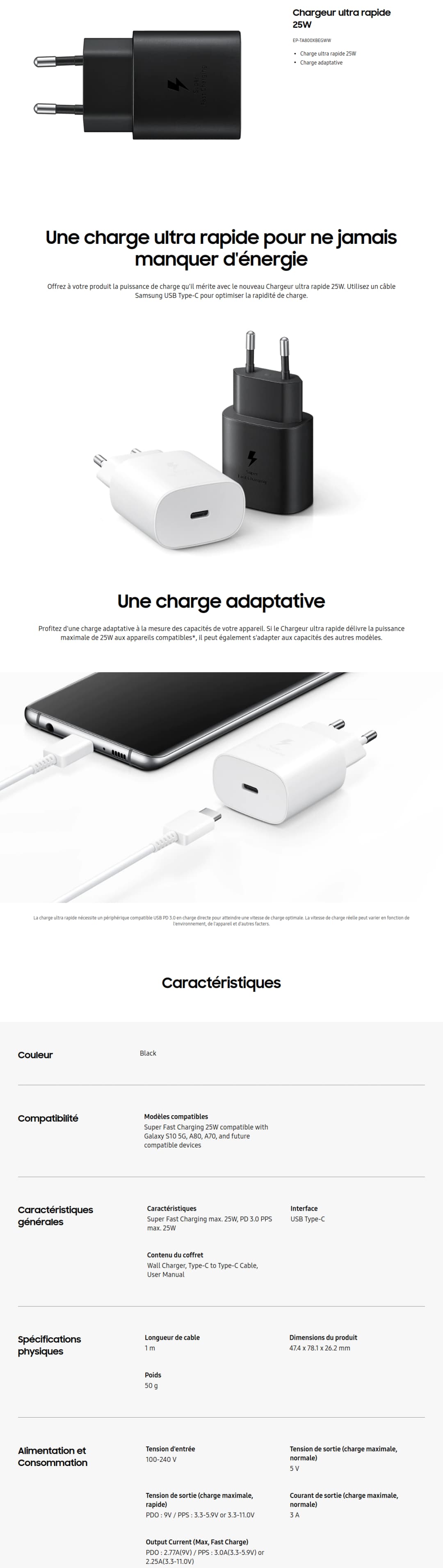 Chargeur ultra rapide 25W Samsung TA800 (EP-TA800XBEGWW)