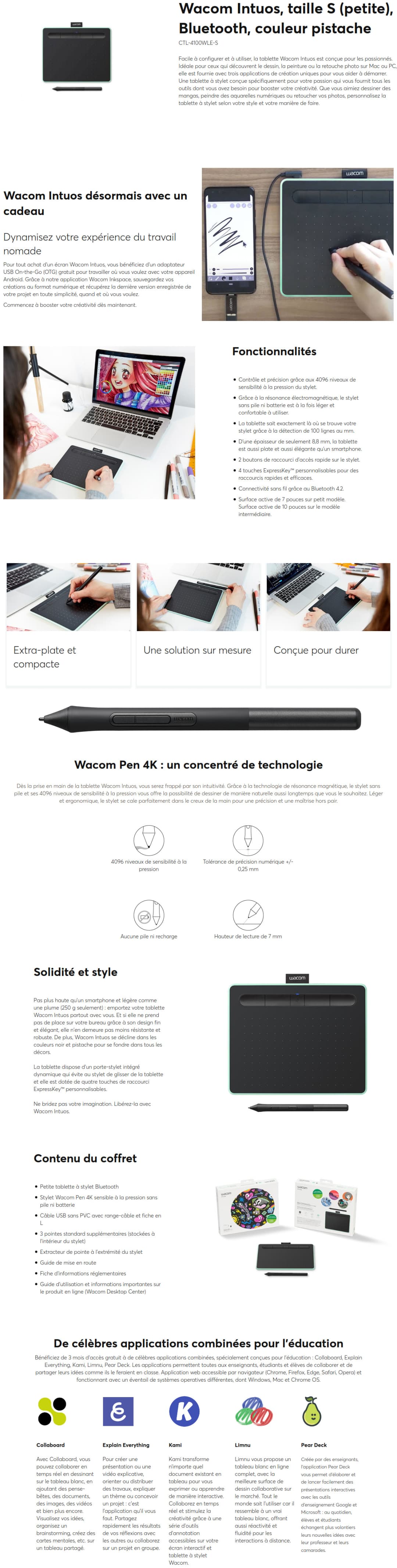 Tablette graphique Wacom Intuos Petite - USB & Bluetooth - Couleur pistache (CTL-4100WLE-S)