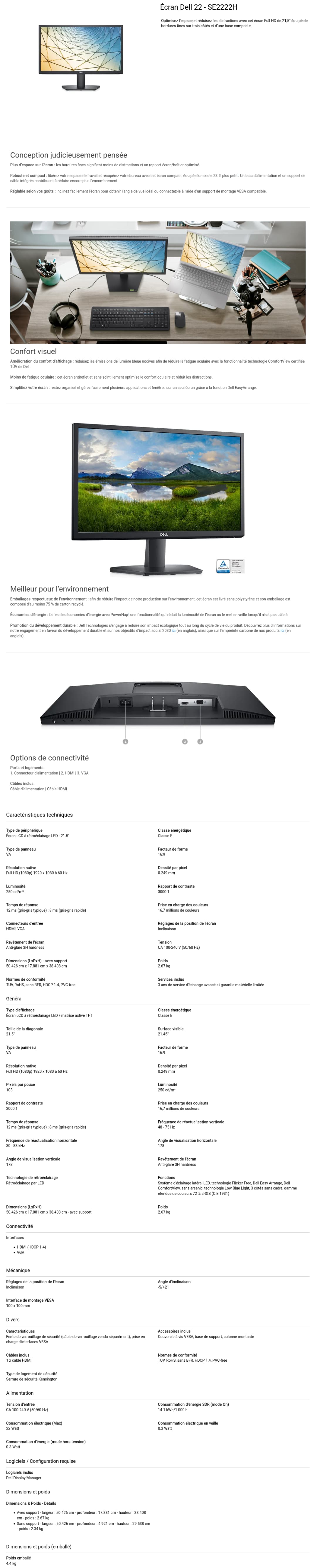 Écran 21,5" Full HD Dell SE2222H (SE2222H)