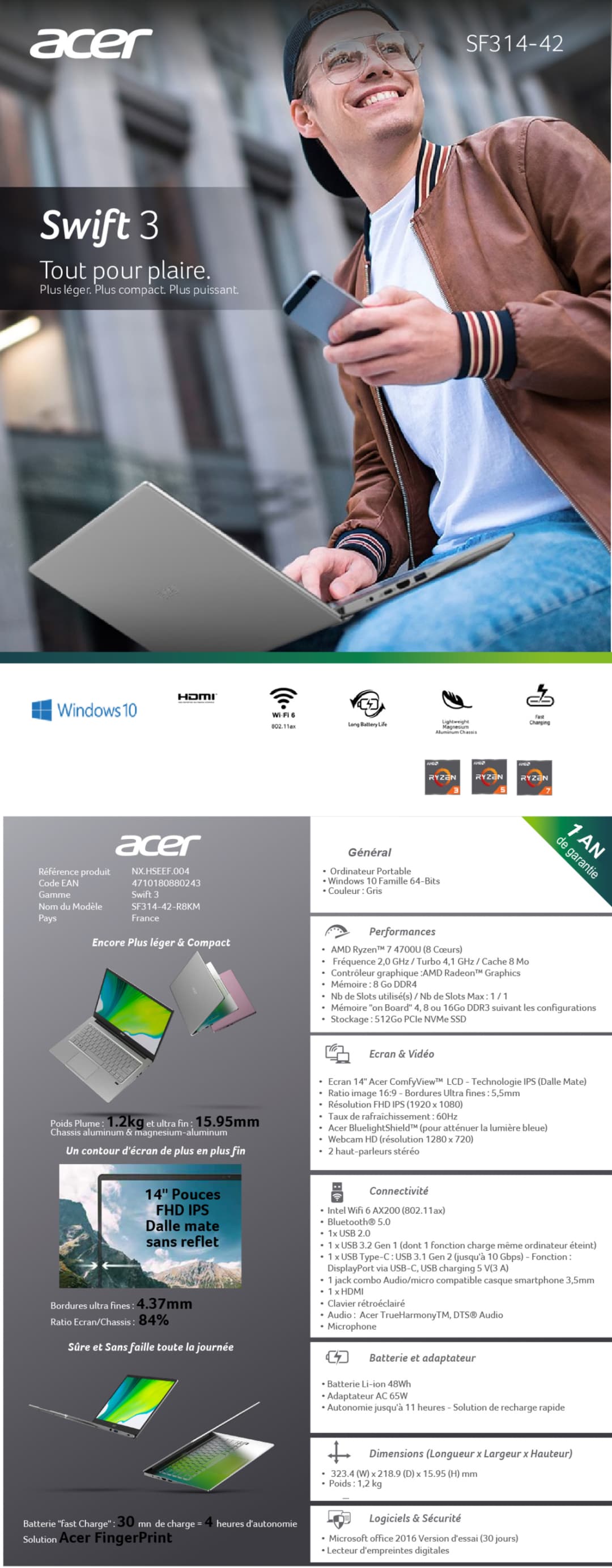Ordinateur Portable Acer Swift 3 SF314-42-R8KM (NX.HSEEF.004)