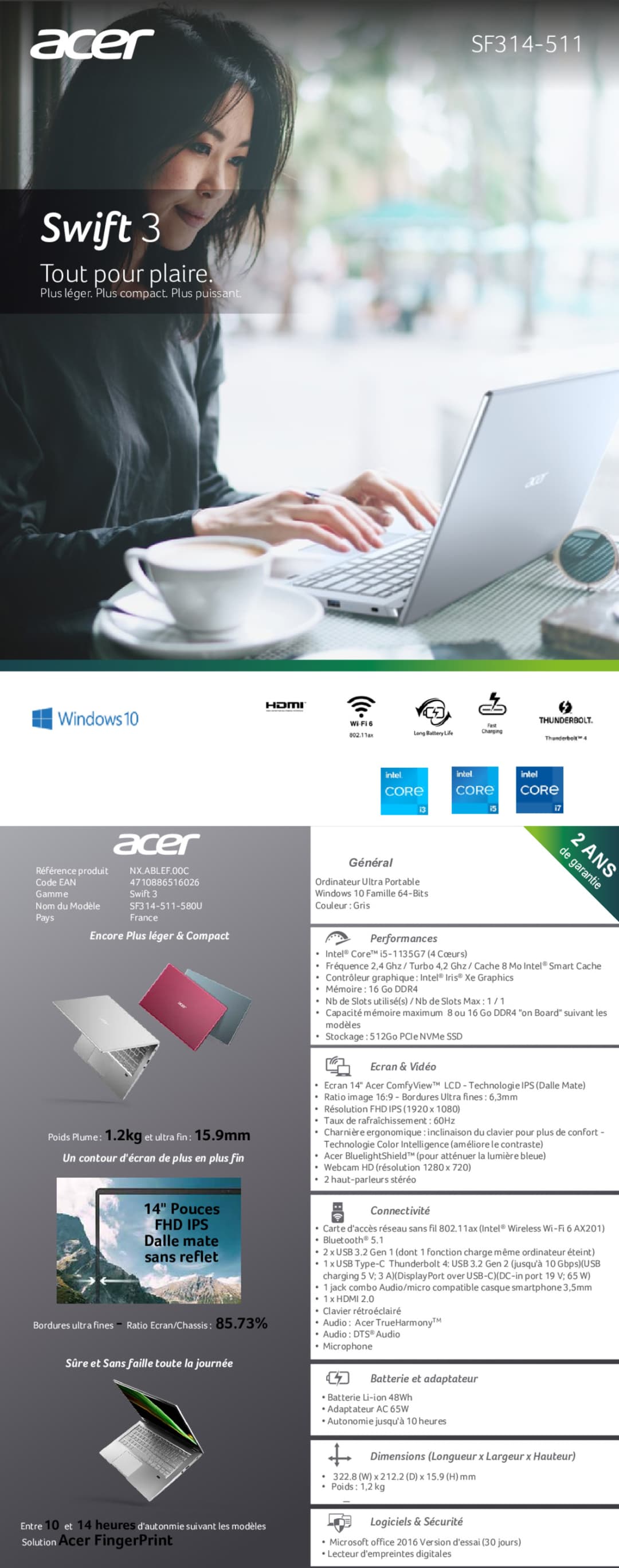 Ordinateur Portable Acer Swift 3 SF314-59-54XF (NX.ABLEF.00C)