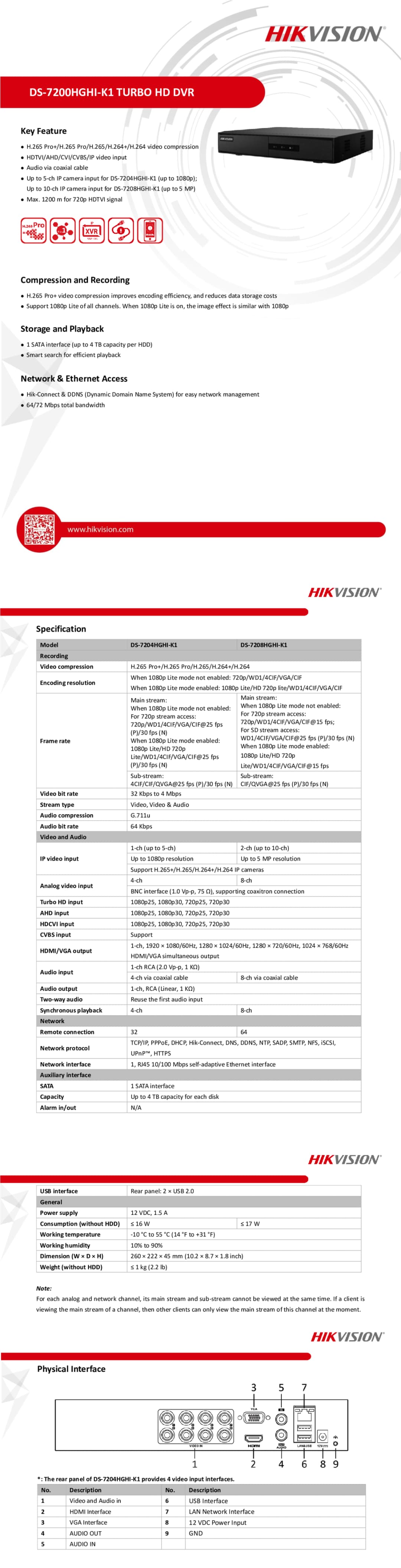 Enregistreur vidéo DVR Hikvision Turbo HD | 8 caméras | 1080p | 1 emplacement disque dur (4 TB)