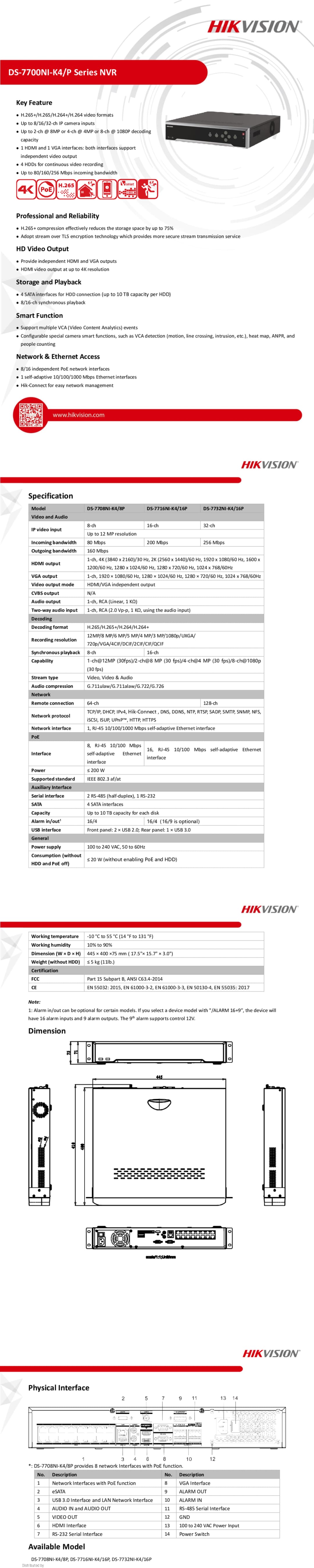 Enregistreur vidéo NVR Hikvision | 16 canaux PoE | 4 emplacements disque dur (DS-7716NI-K4)