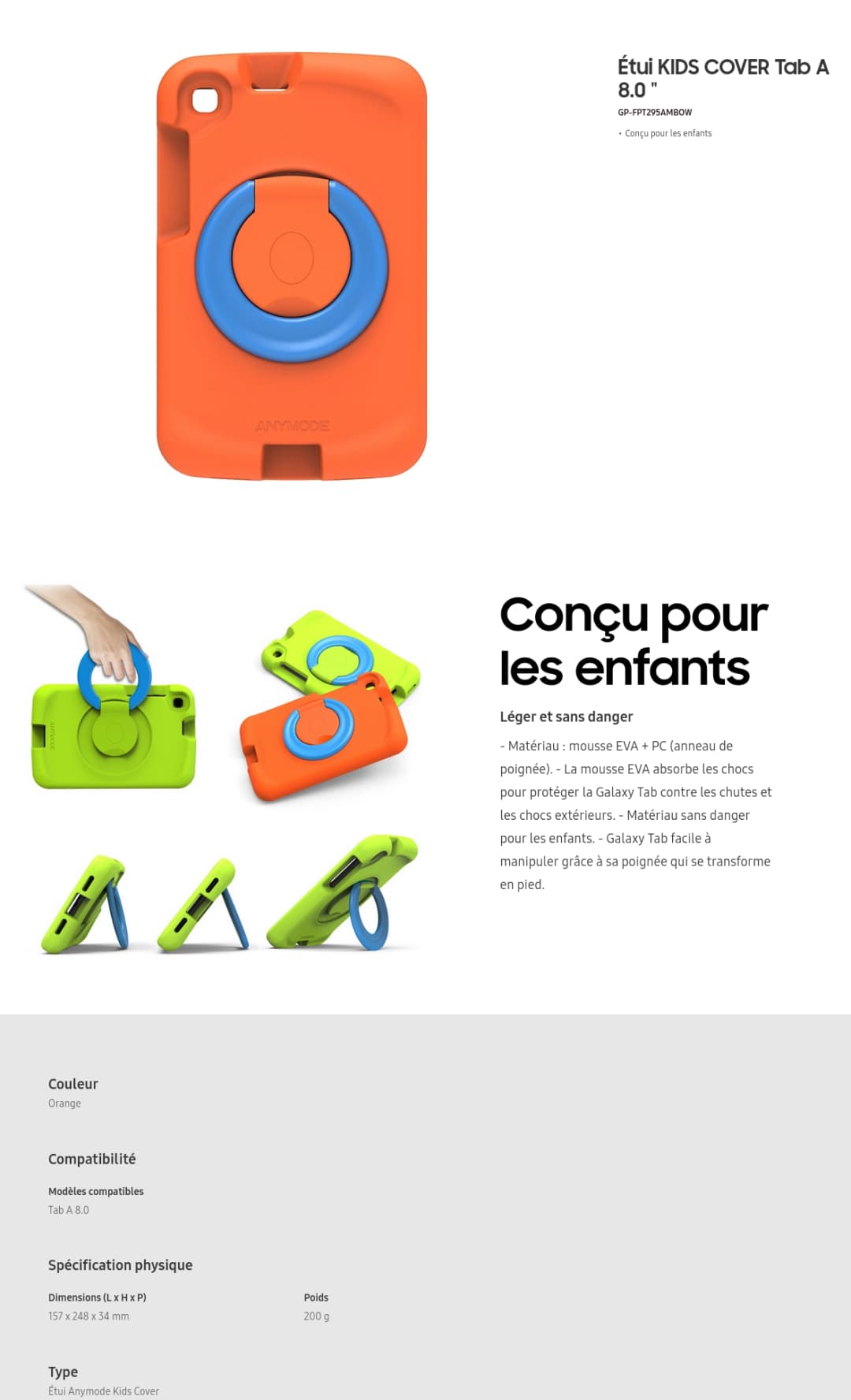 Étui Samsung KIDS COVER Tab A 8.0 " étui pour enfant - Orange (GP-FPT295AMBOW)