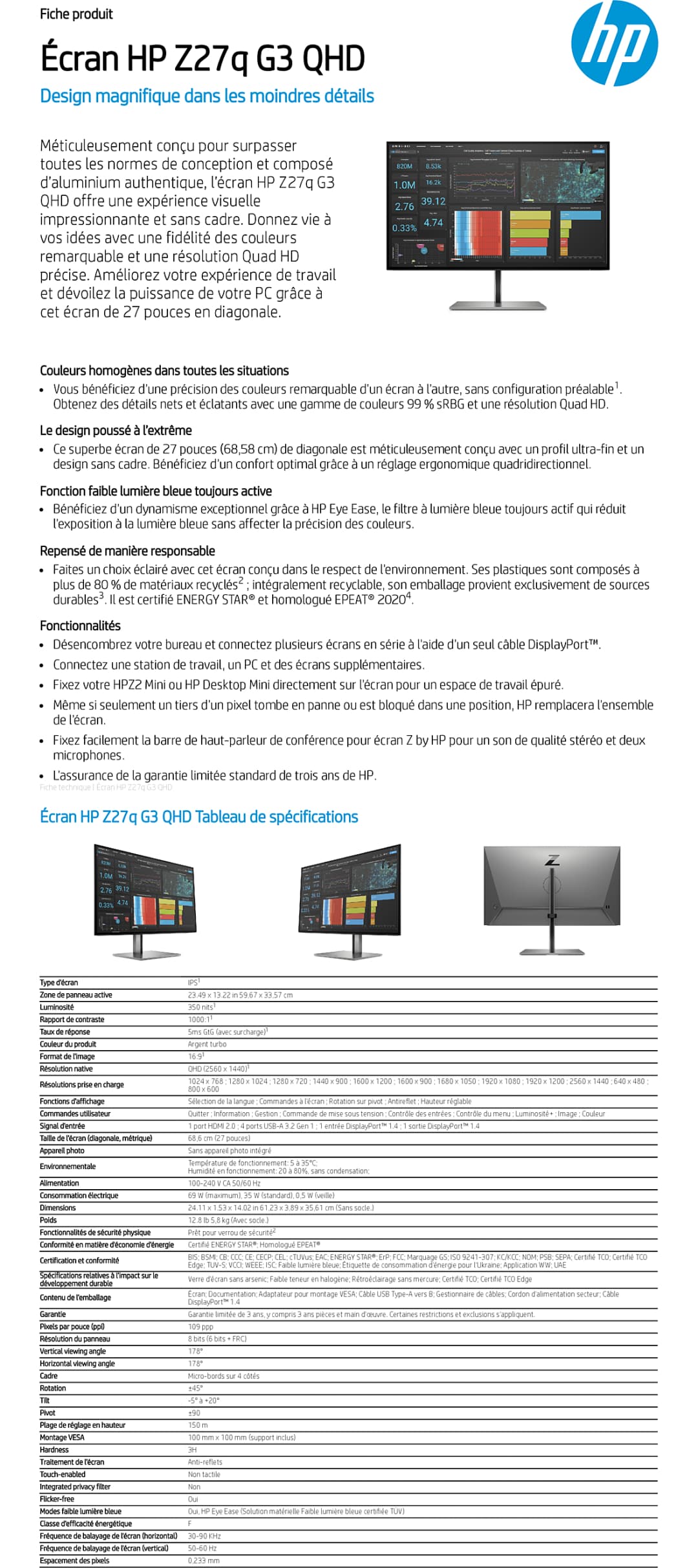 Écran 27" QHD HP Z27q G3 (1C4Z7AA)